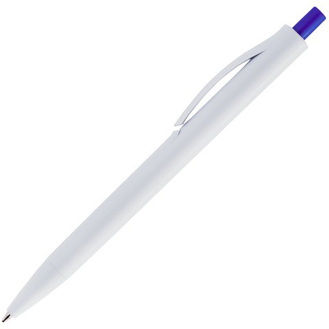 Белая с синей кнопкой ручка, пластик «ИГЛА-КОЛОР»