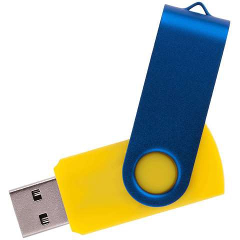 Флешка 64 ГБ желтая с синим, металл и пластик soft-touch «ТВИСТ-КОЛОР-МИКС»